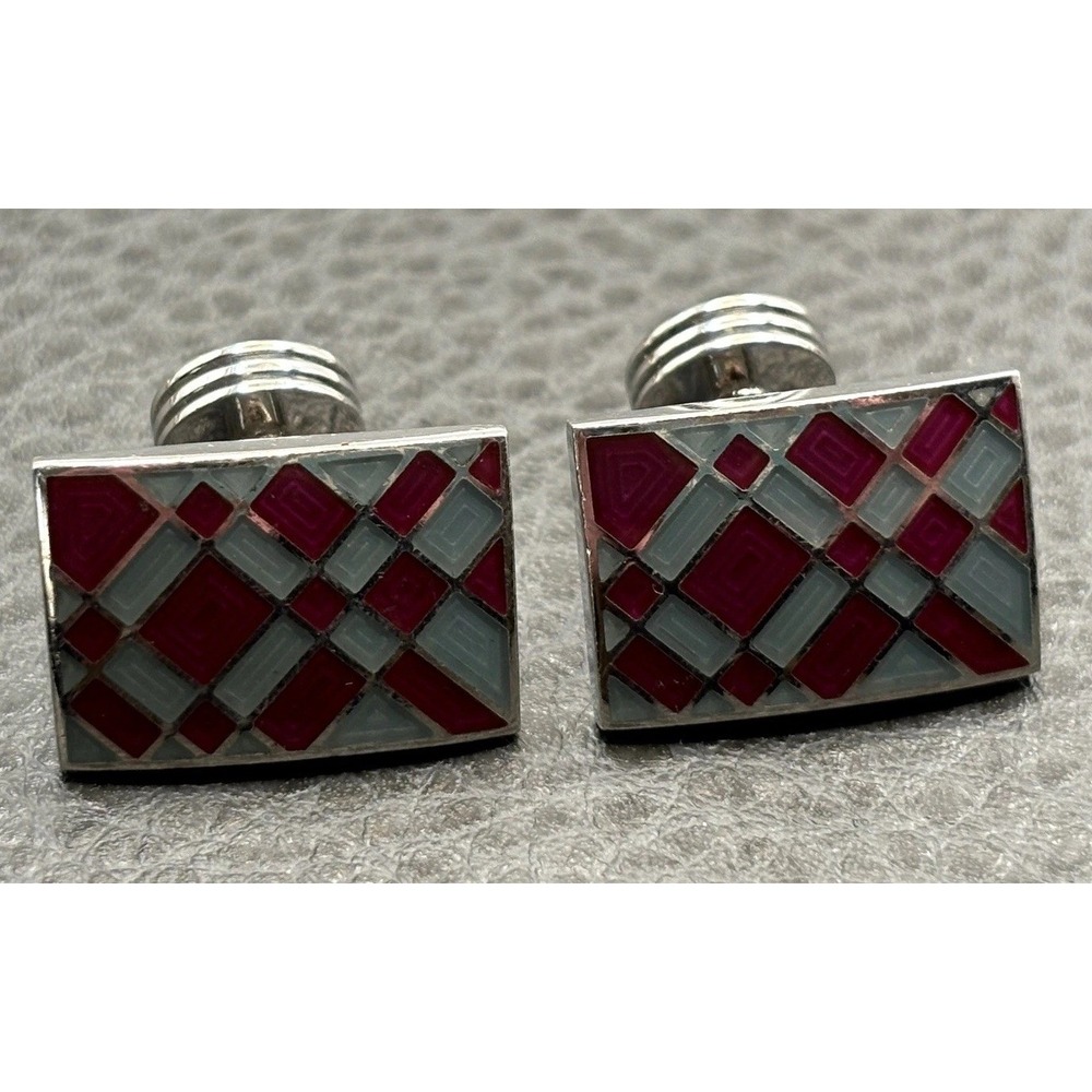 VTG Charles Tyrwhittt Cufflinks Red Gray Geometric Enamel Pattern Silver Tone